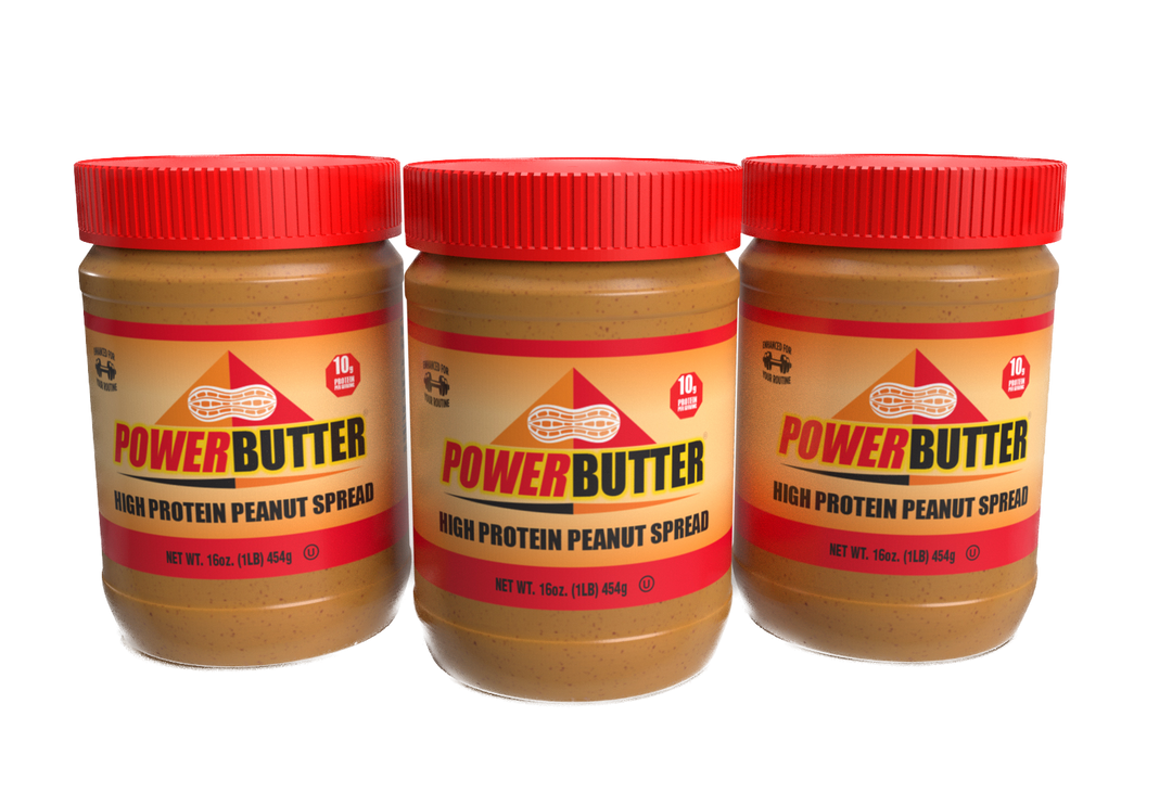 Three jars of Power Butter High Protein Peanut Spread.