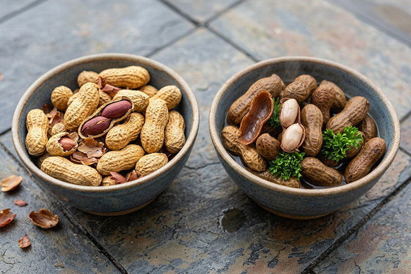 Bowls of boiled and roasted peanuts showing the difference in texture and preparation style